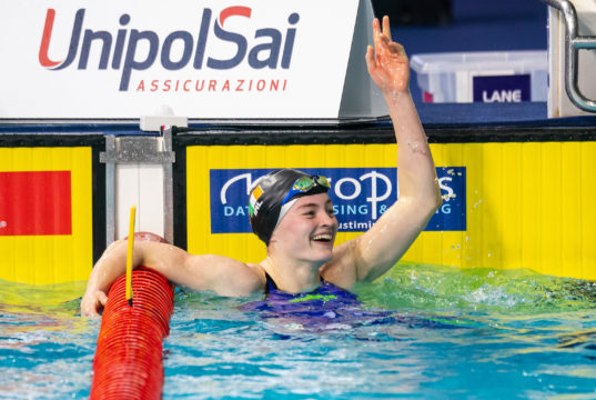Mona McSharry after qualifying for the Final of the 100m Breaststroke in a new Irish Senior Record at the European Short Course Championships in Glasgow. Photo Credit: David Kiberd.