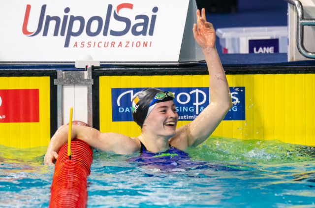 Mona McSharry after qualifying for the Final of the 100m Breaststroke in a new Irish Senior Record at the European Short Course Championships in Glasgow. Photo Credit: David Kiberd.